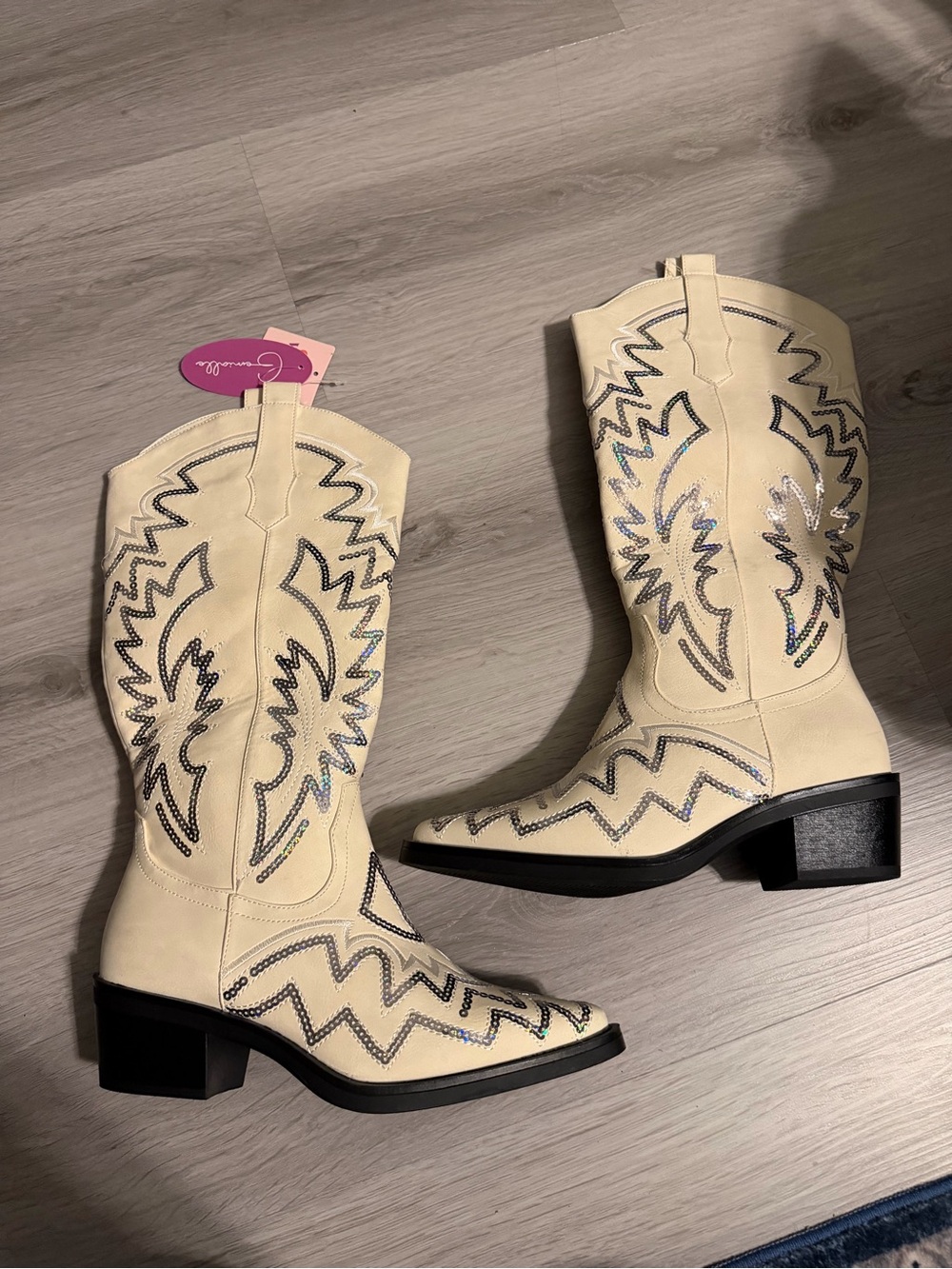 Women's Cream Western Embroidered Mid-Calf Heeled Boots- Sz 11
